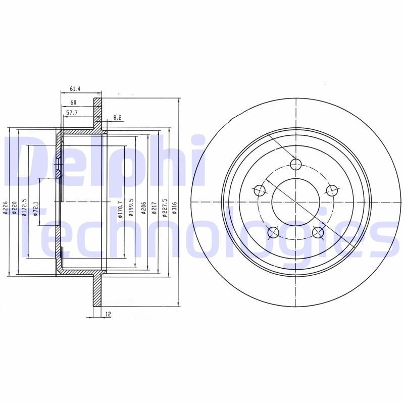 DELPHI BG4159: Piduriketas Ø: 316mm, täis, Ø: 316mm, õlitatud