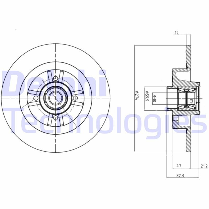 DELPHI BG9030RS: Disco freno Ø: 274mm, pieno, Ø: 274mm, Oleato, con cuscinetto ruota, con anello sensore ABS