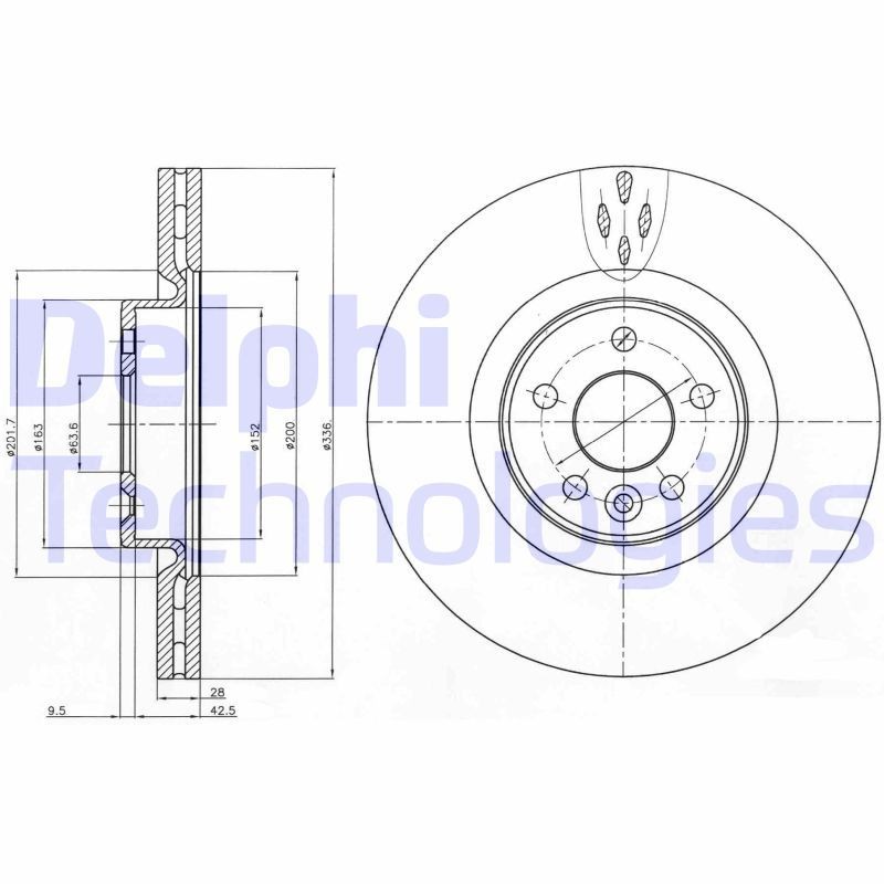 DELPHI BG9077: Disc de frână Ř: 336mm, ventilat, Ř: 336mm