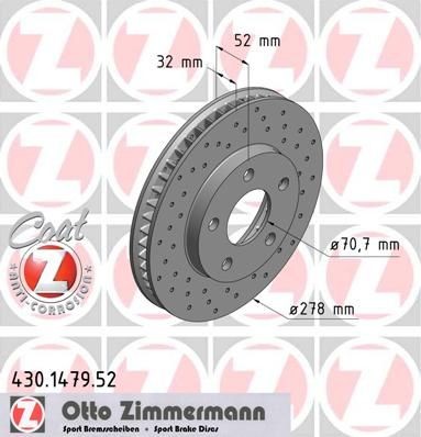 ZIMMERMANN 430.1479.52: Piduriketas Ø: 278mm, sisemine õhutus, perforeeritud, Ø: 278mm, kaetud SPORT COAT Z
