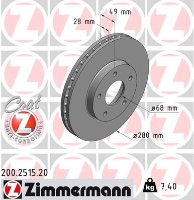 ZIMMERMANN 200.2515.20: Piduriketas Ø: 280mm, sisemine õhutus, Ø: 280mm, kaetud COAT Z