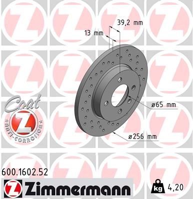 ZIMMERMANN 600.1602.52: Bromsskiva Ø: 256mm, full, hålad, Ø: 256mm, belagd SPORT COAT Z