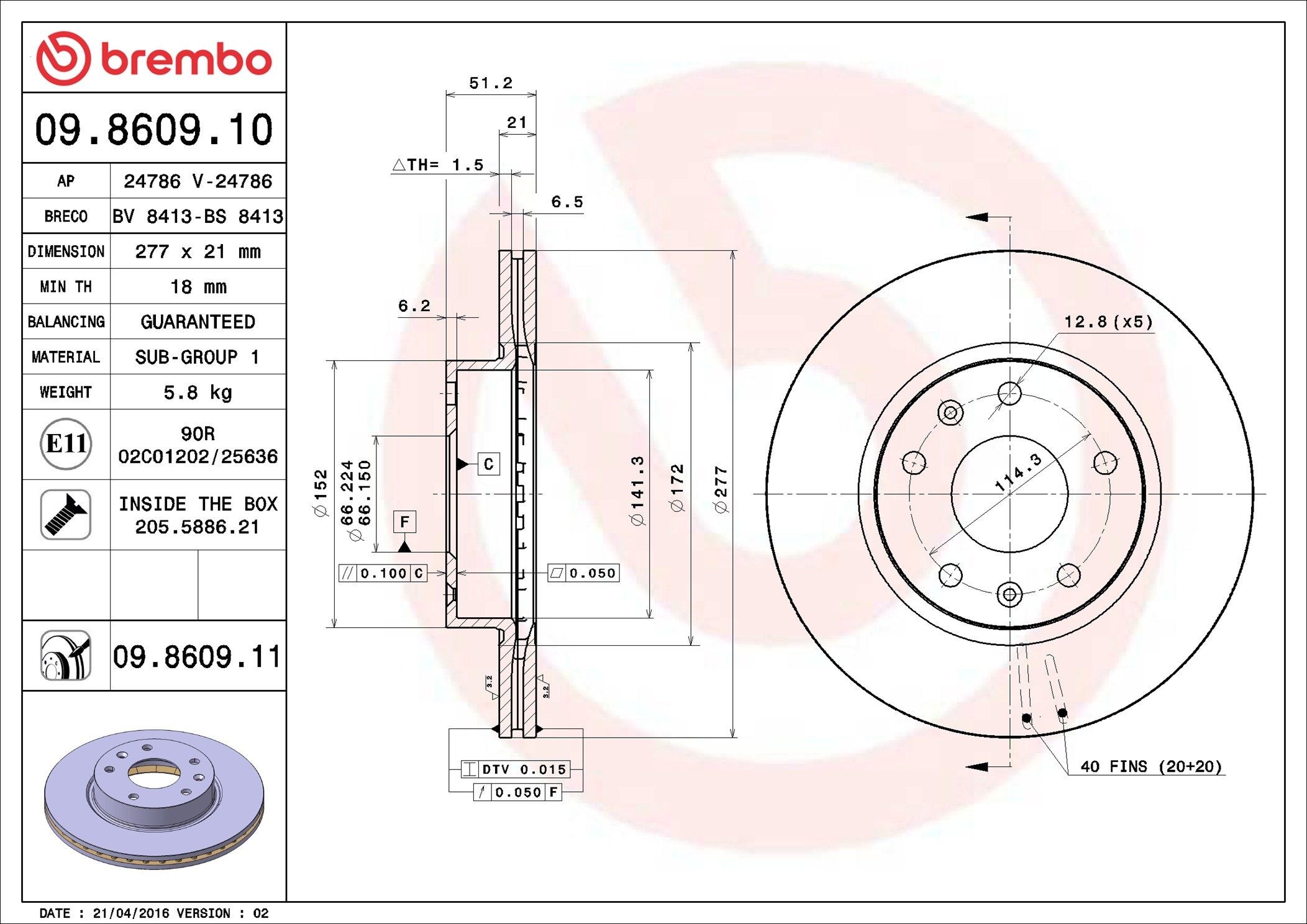 BREMBO 09.8609.11: Disc de frână Ř: 277mm, ventilat interior, Ř: 277mm, acoperit (cu un strat protector), cu suruburi COATED DISC LINE