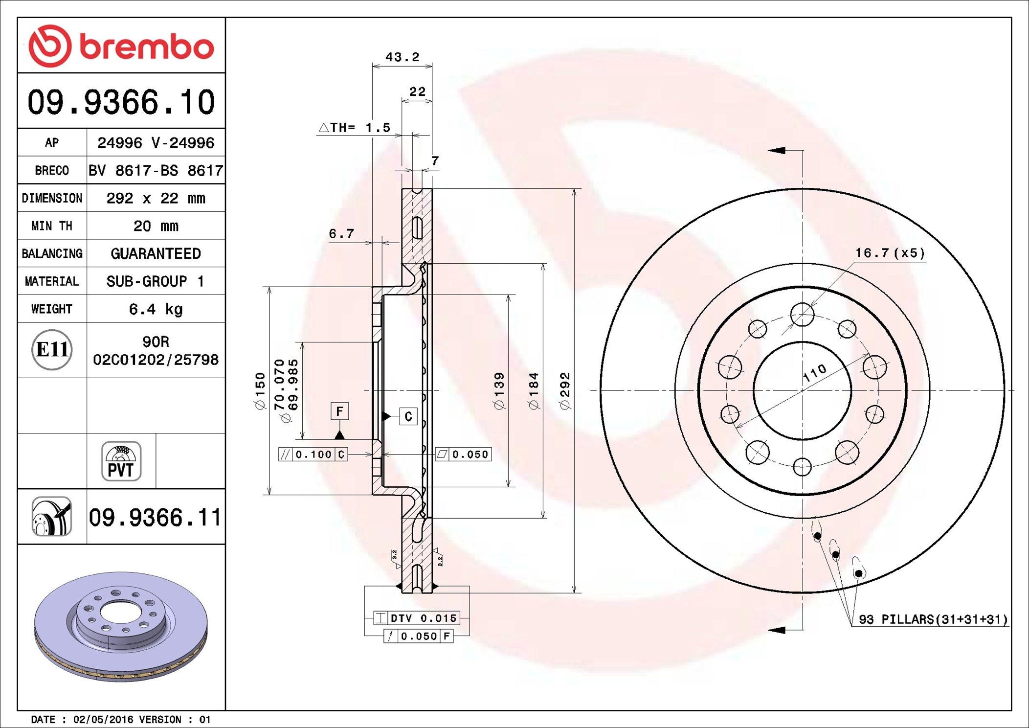 BREMBO COATED DISC LINE 09.9366.11 Bremsscheibe Ø: 292mm, innenbelüftet, Ø: 292mm, beschichtet