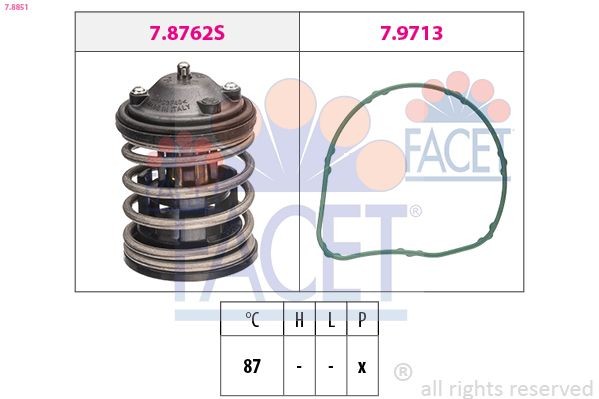 FACET 7.8851: Termostaat, Jahutusvedelik 87°C, koos tihendiga, ilma ühendusdetailideta Made in Italy - OE Equivalent