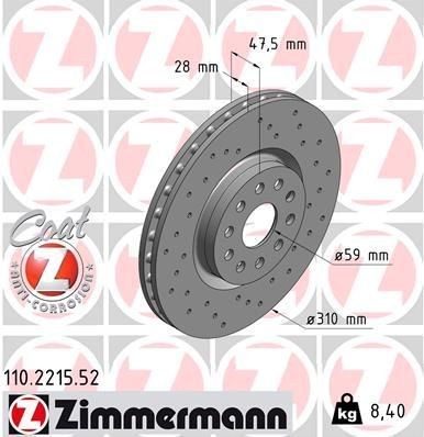 ZIMMERMANN 110.2215.52: Piduriketas Ø: 310mm, sisemine õhutus, perforeeritud, Ø: 310mm, kaetud SPORT COAT Z
