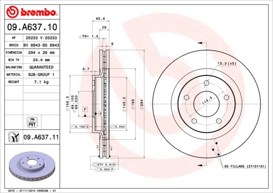 BREMBO 09.A637.10: Piduriketas PRIME LINE Ø: 294mm, sisemine õhutus, Ø: 294mm