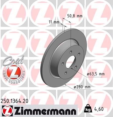 ZIMMERMANN 250.1364.20: Disc de frână Ř: 280mm, plin, Ř: 280mm, acoperit (cu un strat protector) COAT Z