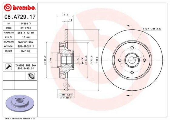BREMBO 08.A729.17: Piduriketas Ø: 268mm, täis, Ø: 268mm, koos rattalaagri komplektiga, koos ABS-andurirõngaga BEARING DISC LINE