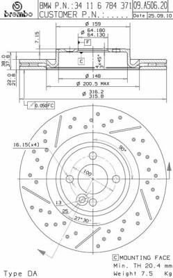 BREMBO 09.A506.21: Jarrulevy Ø: 316mm, tuuletettu sisältä, uritettu/rei'itetty, Ø: 316mm, pinnoitettu COATED DISC LINE