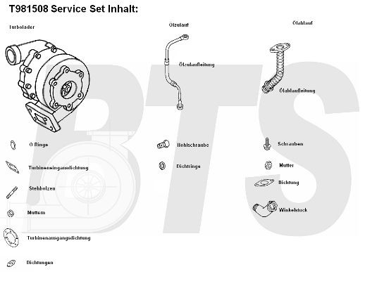 BTS TURBO T981508: Turbosuflantă stanga, cu conducta alimentare ulei, cu conducta scurgere ulei, cu garnituri, cu piese componente, TURBO SERVICE SET ORIGINAL