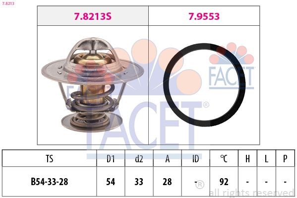 FACET 7.8213: Termostaat, Jahutusvedelik 92°C, 54mm, 33mm, koos tihendiga, Made in Italy - OE Equivalent