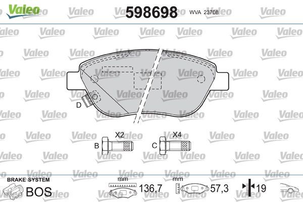 VALEO 598698: Plăcuțe de frână punte fata, fata tabla anti-scartait