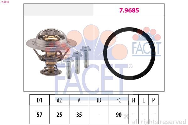 FACET 7.8731: Termostatas, aušinimo skystis 90°C, 57mm, 25mm, Made in Italy - OE Equivalent