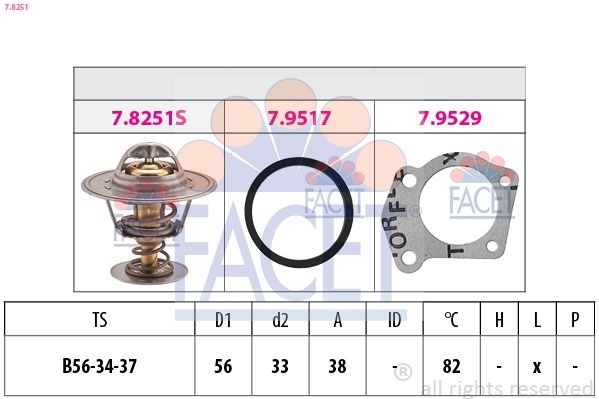FACET 7.8251: Termostat, lichid racire 82°C, 56mm, 33mm, cu etansare, Made in Italy - OE Equivalent