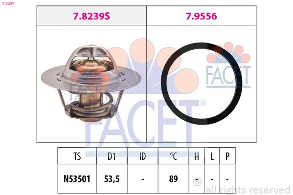 FACET 7.8297: Termostaat, Jahutusvedelik 89°C, 53,5mm, koos tihendiga, Made in Italy - OE Equivalent