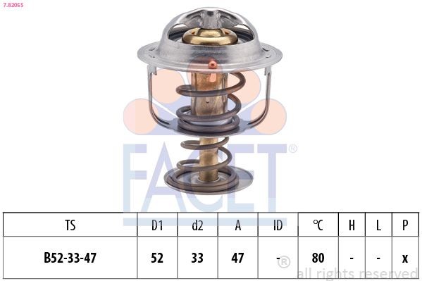FACET 7.8205S: Termostaat, Jahutusvedelik 80°C, 52mm, 33mm, ilma tihendita, Made in Italy - OE Equivalent