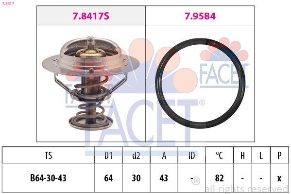 FACET 7.8417: Termostaat, Jahutusvedelik 82°C, 64mm, 30mm, koos tihendiga, Made in Italy - OE Equivalent