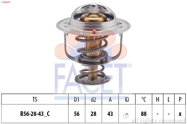 FACET 7.8687S: Termostaat, Jahutusvedelik 88°C, 56mm, 28mm, ilma tihendita, Made in Italy - OE Equivalent