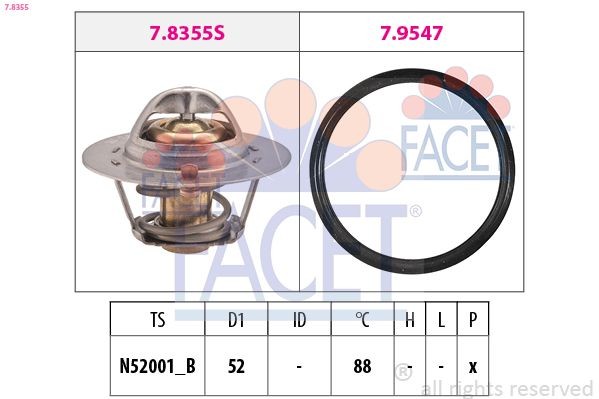 FACET 7.8355: Termostaat, Jahutusvedelik 88°C, 52mm, koos tihendiga, Made in Italy - OE Equivalent