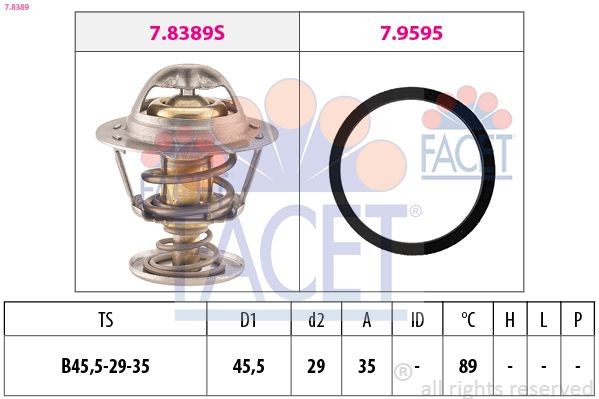 FACET 7.8389: Termostatas, aušinimo skystis 89°C, 45,5mm, 29mm, su sandarikliu, Made in Italy - OE Equivalent