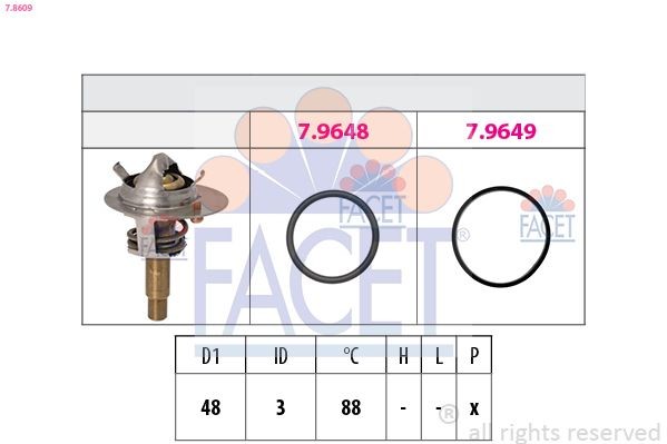 FACET 7.8609: Termostaat, Jahutusvedelik 88°C, 48mm, Made in Italy - OE Equivalent