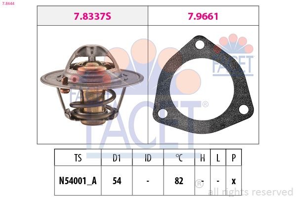 FACET 7.8644: Termostato, refrigerante 82°C, 54mm, con junta, Made in Italy - OE Equivalent