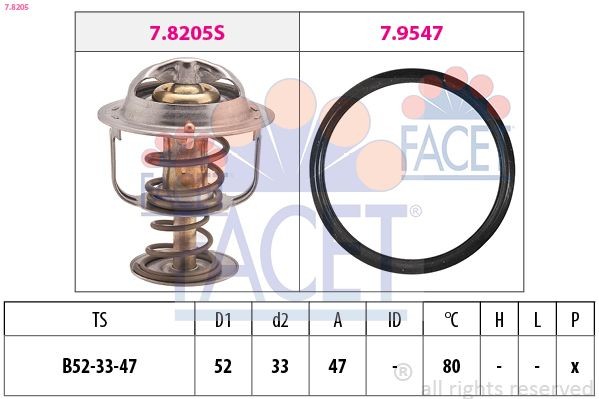 FACET 7.8205: Termostaat, Jahutusvedelik 80°C, 52mm, 33mm, koos tihendiga, Made in Italy - OE Equivalent