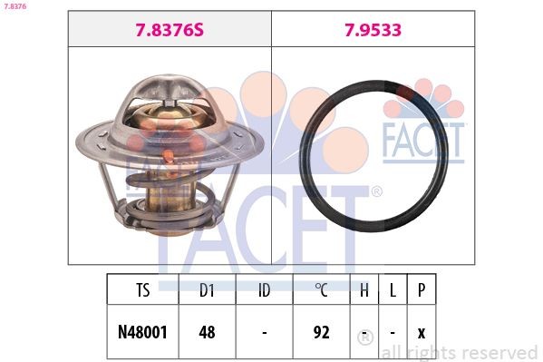 FACET 7.8376: Termostaat, Jahutusvedelik 92°C, 48mm, koos tihendiga, Made in Italy - OE Equivalent