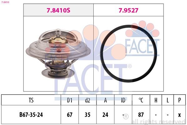 FACET 7.8410: Termostaat, Jahutusvedelik 87°C, 67mm, 35mm, koos tihendiga, Made in Italy - OE Equivalent