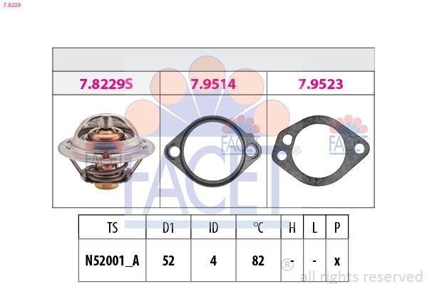 FACET 7.8229: Termostaat, Jahutusvedelik 82°C, 52mm, koos tihendiga, Made in Italy - OE Equivalent
