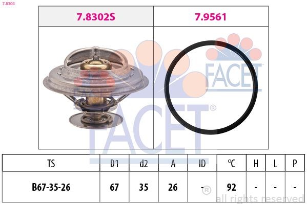 FACET 7.8303: Termostats, Dzesēšanas šķidrums 92°C, 67mm, 35mm, ar blīvi, Made in Italy - OE Equivalent