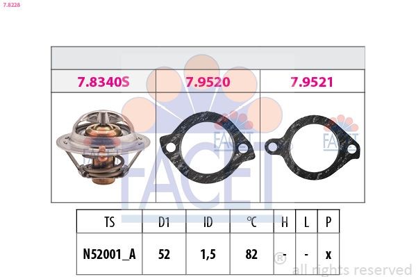 FACET 7.8228: Termostaat, Jahutusvedelik 82°C, 52mm, koos tihendiga, Made in Italy - OE Equivalent