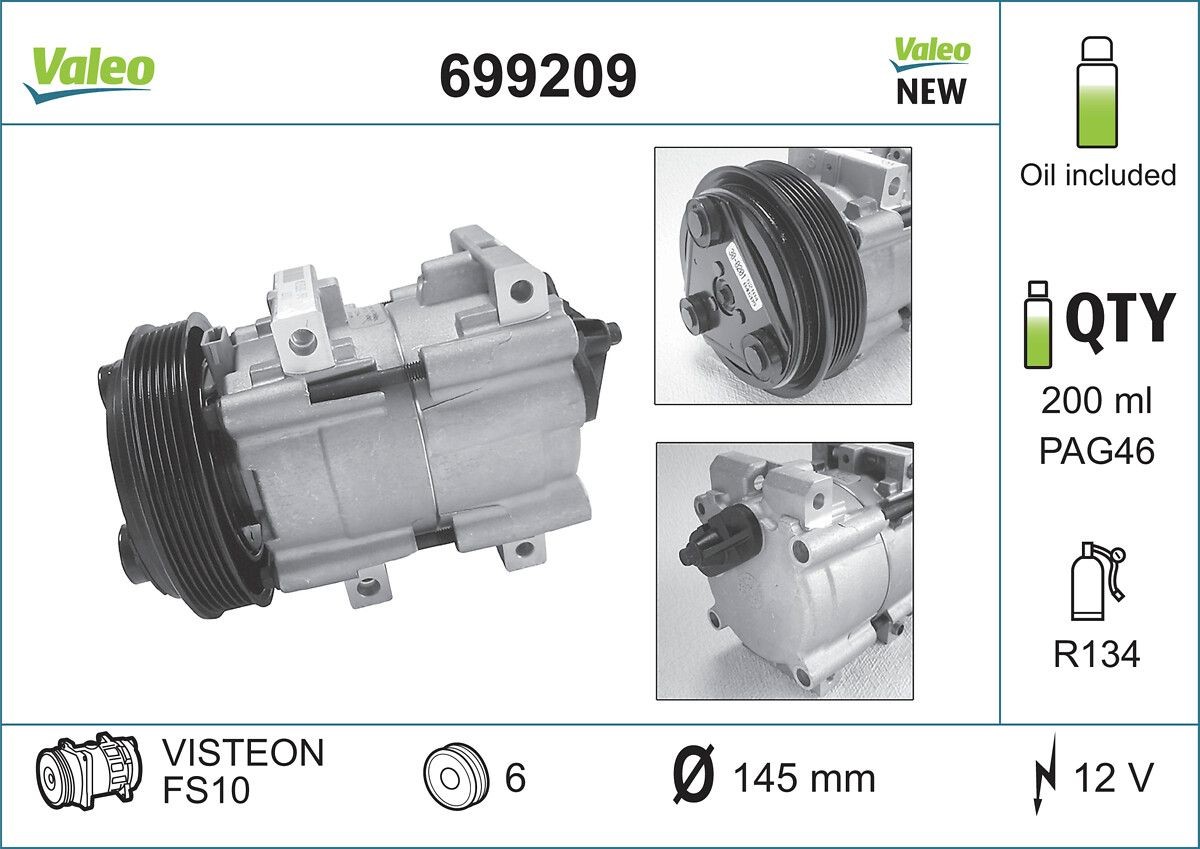 VALEO 699209: Kliimakompressor PAG-kompressoriõliga, NEW ORIGINAL PART