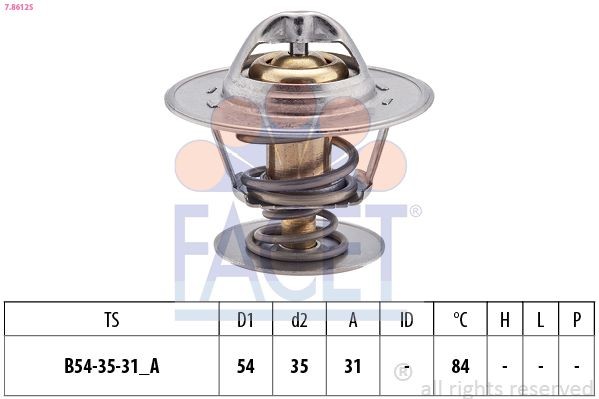 FACET 7.8612S: Termostaat, Jahutusvedelik 84°C, 54mm, 35mm, ilma tihendita, Made in Italy - OE Equivalent