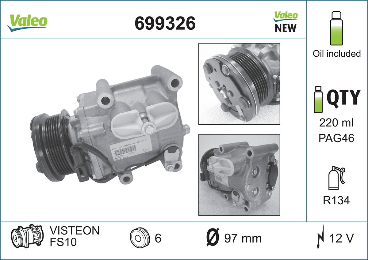 VALEO 699326: Kliimakompressor PAG-kompressoriõliga, NEW ORIGINAL PART