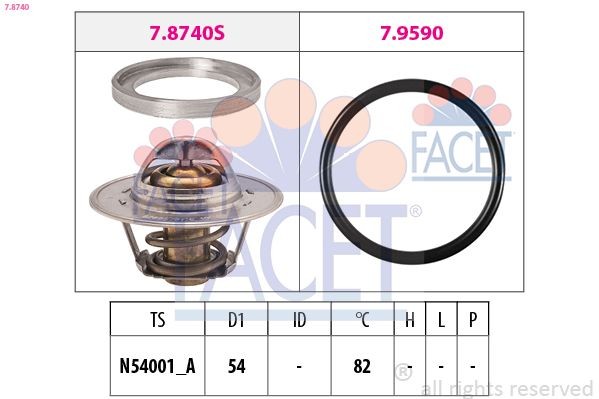 FACET 7.8740: Termostaat, Jahutusvedelik 82°C, 54mm, koos tihendiga, Made in Italy - OE Equivalent