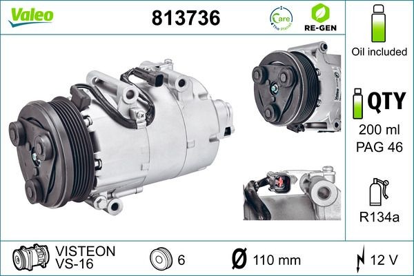 VALEO 813736: Kliimakompressor PAG-kompressoriõliga, REMANUFACTURED
