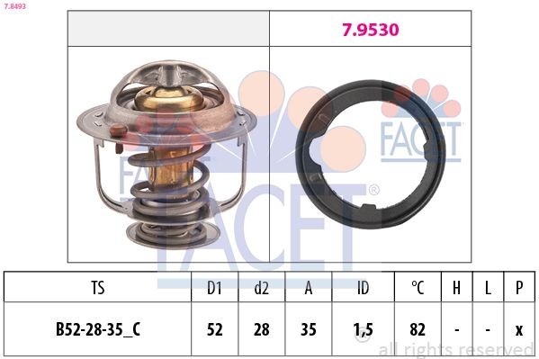 FACET 7.8493: Termostaat, Jahutusvedelik 82°C, 52mm, 28mm, Made in Italy - OE Equivalent