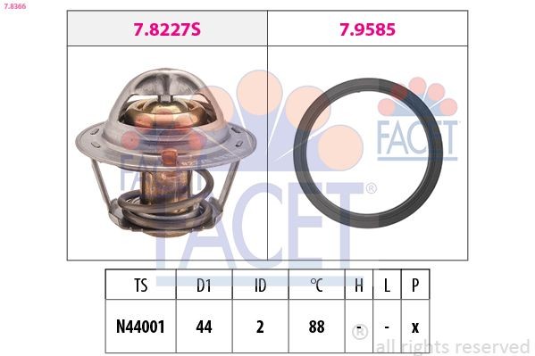 FACET 7.8366: Termostaat, Jahutusvedelik 88°C, 44mm, koos tihendiga, Made in Italy - OE Equivalent