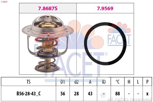 FACET 7.8687: Termostaat, Jahutusvedelik 88°C, 56mm, 28mm, koos tihendiga, Made in Italy - OE Equivalent