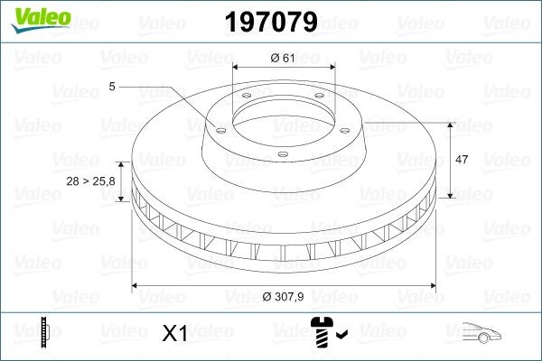 VALEO 197079: Piduriketas Esisild, Ø: 308mm, õhutusega, Ø: 308mm, koos kruviga