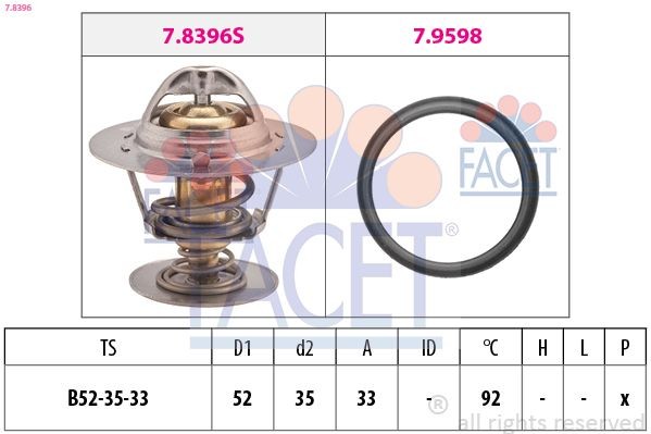 FACET 7.8396: Termostaat, Jahutusvedelik 92°C, 52mm, 35mm, koos tihendiga, Made in Italy - OE Equivalent