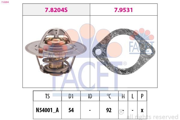 FACET 7.8204: Termostaat, Jahutusvedelik 92°C, 54mm, koos tihendiga, Made in Italy - OE Equivalent