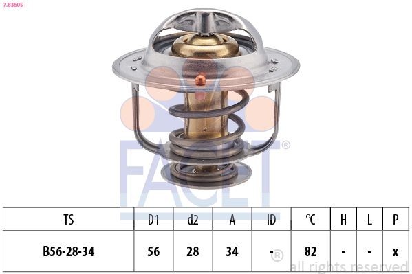 FACET 7.8360S: Termostaat, Jahutusvedelik 82°C, 56mm, 28mm, ilma tihendita, Made in Italy - OE Equivalent