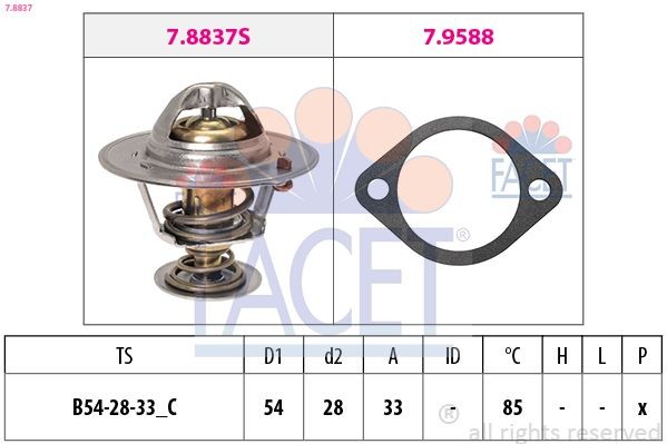 FACET 7.8837: Termostaat, Jahutusvedelik 85°C, 54mm, 28mm, koos tihendiga, Made in Italy - OE Equivalent