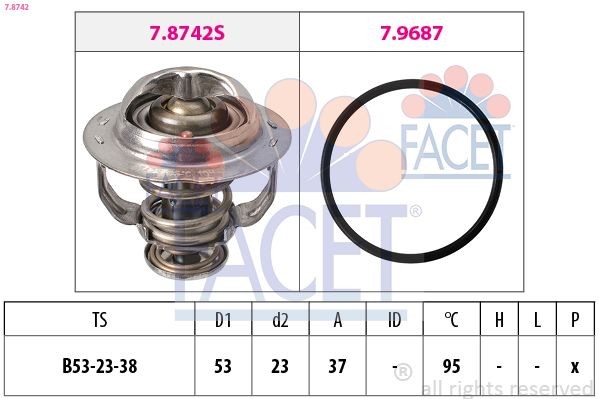 FACET 7.8742: Termostats, Dzesēšanas šķidrums 95°C, 53mm, 23mm, ar blīvi, Made in Italy - OE Equivalent
