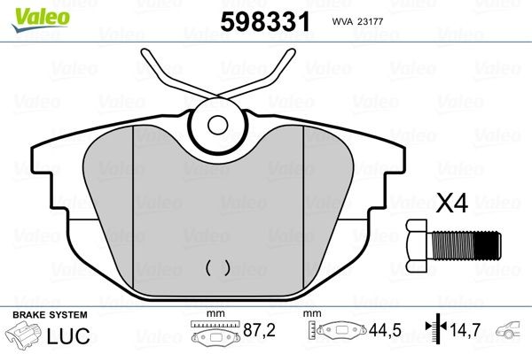 VALEO 598331: Piduriklotsid Tagasild, koos kruvidega, ilma kokkusurumisvastase plekita