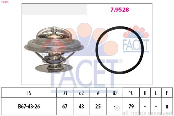 FACET 7.8333: Termostaat, Jahutusvedelik 79°C, 67mm, 43mm, koos tihendiga, Made in Italy - OE Equivalent