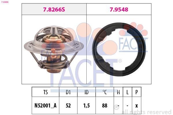FACET 7.8488: Termostaat, Jahutusvedelik 88°C, 52mm, koos tihendiga, Made in Italy - OE Equivalent